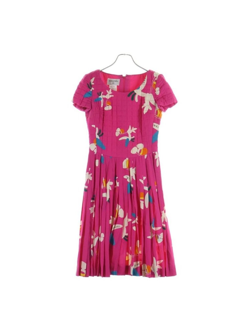 Chanel Graphic Print Quilted Pleated Short Sleeve Dress Pink